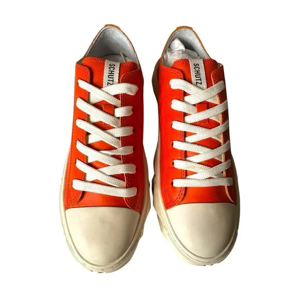 Schutz NEW Leather Lace Up Sneakers Energy Gianni Bright Orange Size 8.5 Women